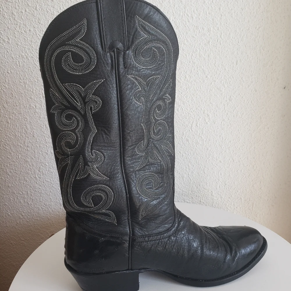Nocona Western Cowboy Rancho Black Leather Stitch Flame Boots